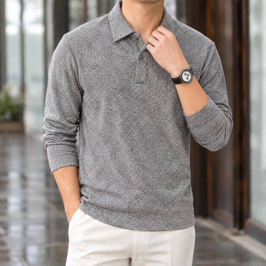 Poloshirt Herren Langarm Rautenstruktur Knopfleiste Weich
