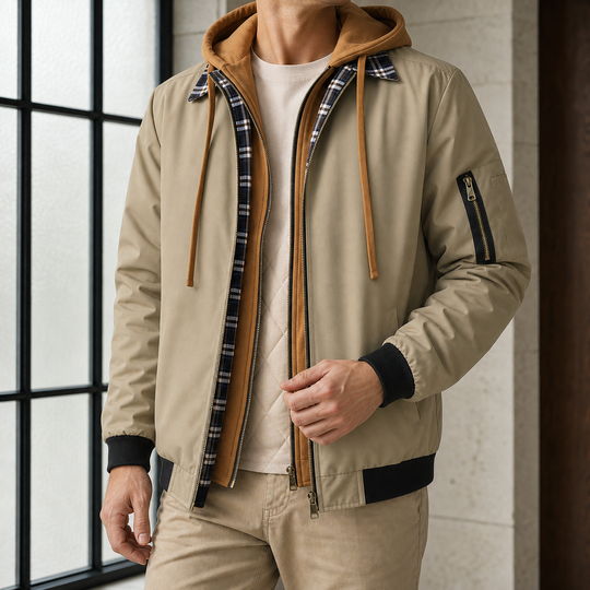 Jacke Herren Lagenlook Kapuze Karo Besatz Doppelzip