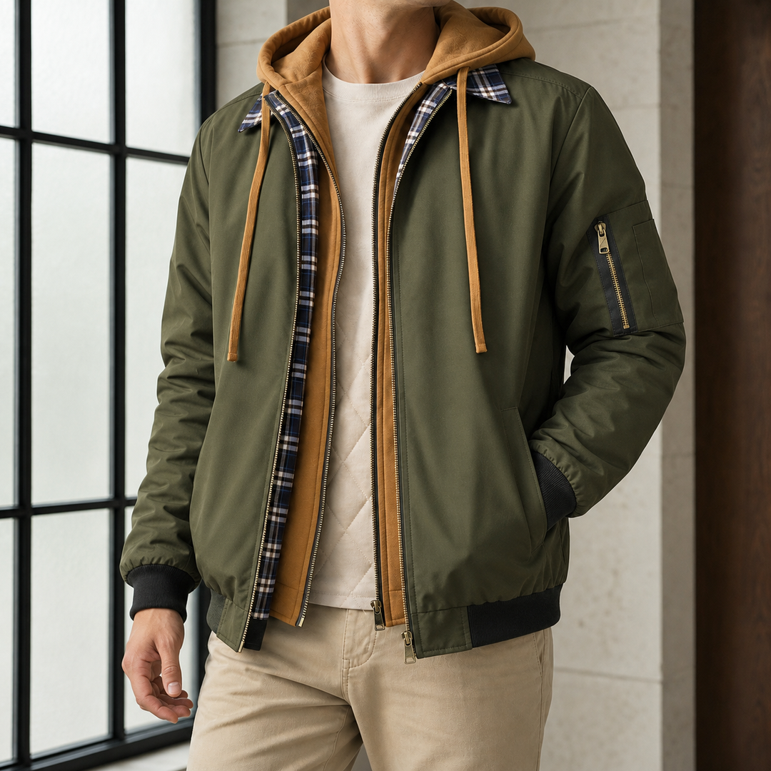Jacke Herren Lagenlook Kapuze Karo Besatz Doppelzip