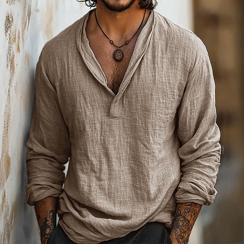 Leinen Baumwoll Henley Hemd Herren Langarm Sommer