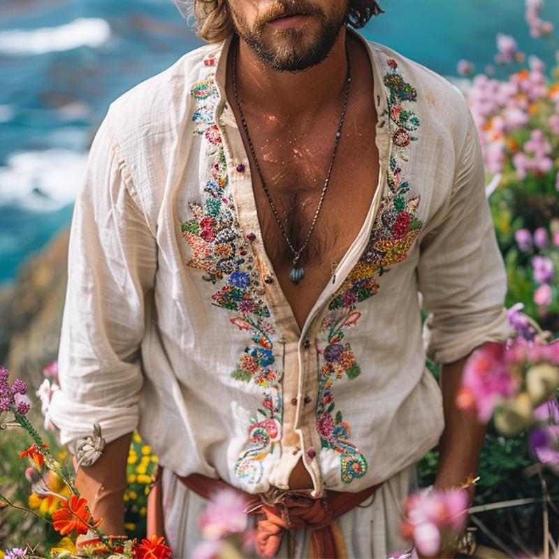 Herren Boho-Leinenhemd mit Grandad-Kragen und Stickerei