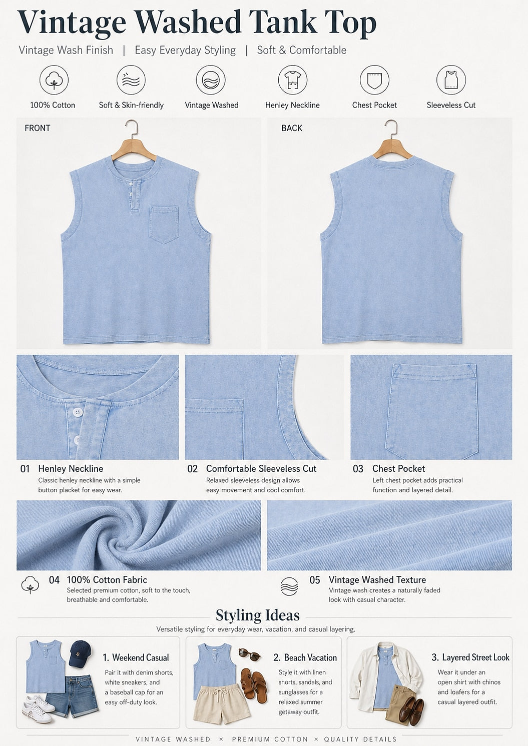 Vintage Washed Henley Tanktop Herren Baumwolle Ärmellos