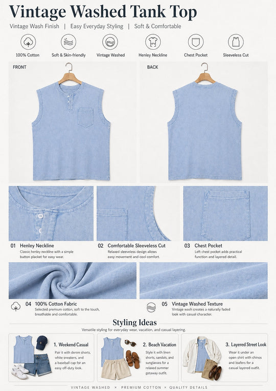 Vintage Washed Henley Tanktop Herren Baumwolle Ärmellos