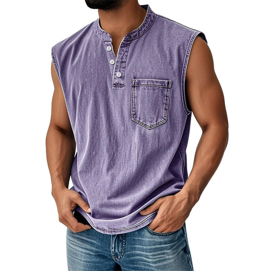 Vintage Washed Henley Tanktop Herren Baumwolle Ärmellos