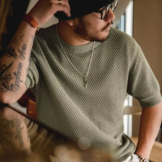 Vintage Strick T-Shirt Herren Kurzarm Textur Basic Tee