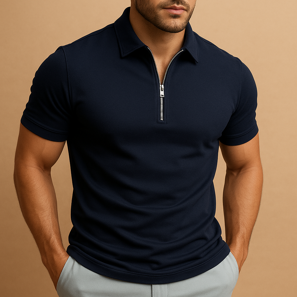 Slim-Fit Zip Poloshirt Herren Kurzarm Atmungsaktiv Polo