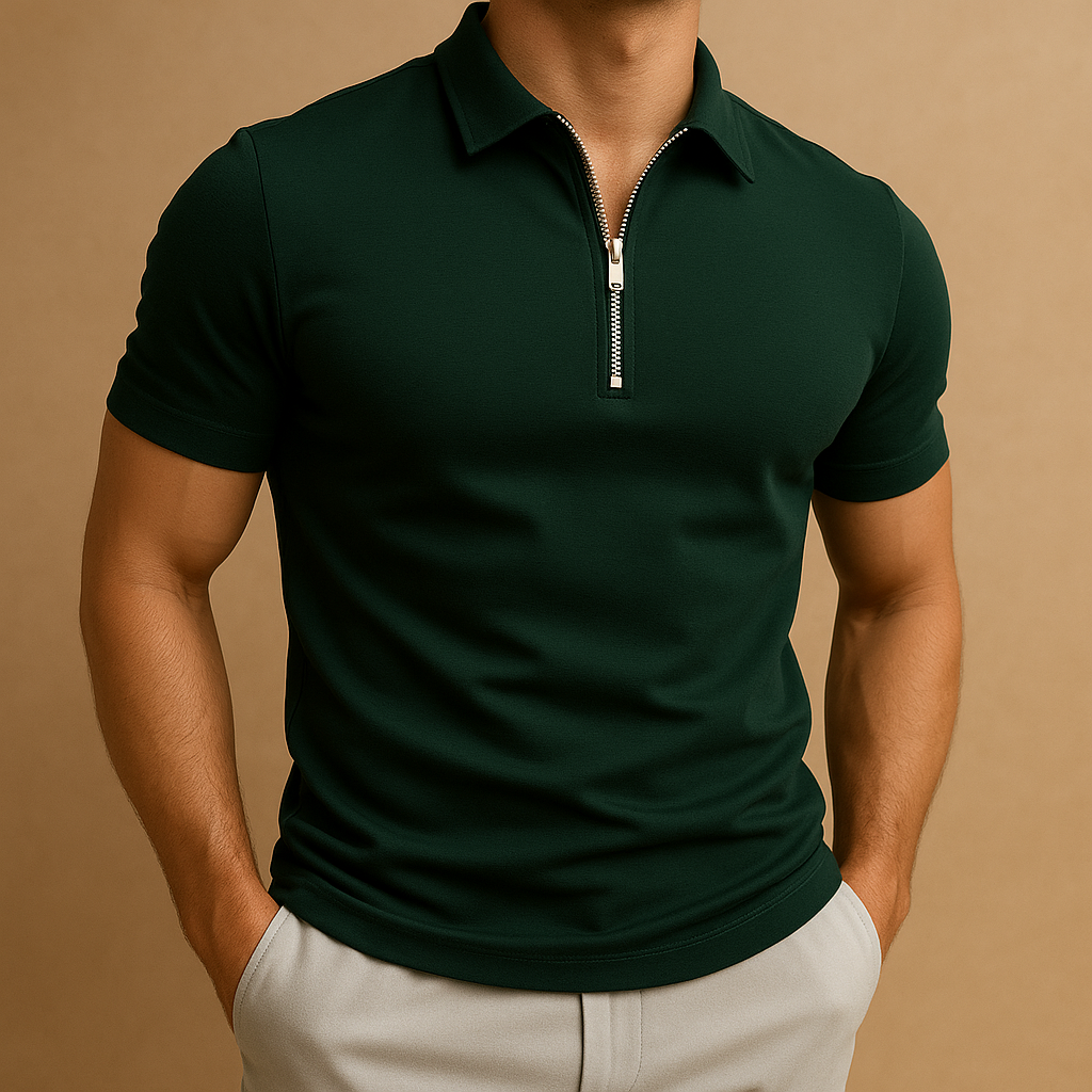 Slim-Fit Zip Poloshirt Herren Kurzarm Atmungsaktiv Polo