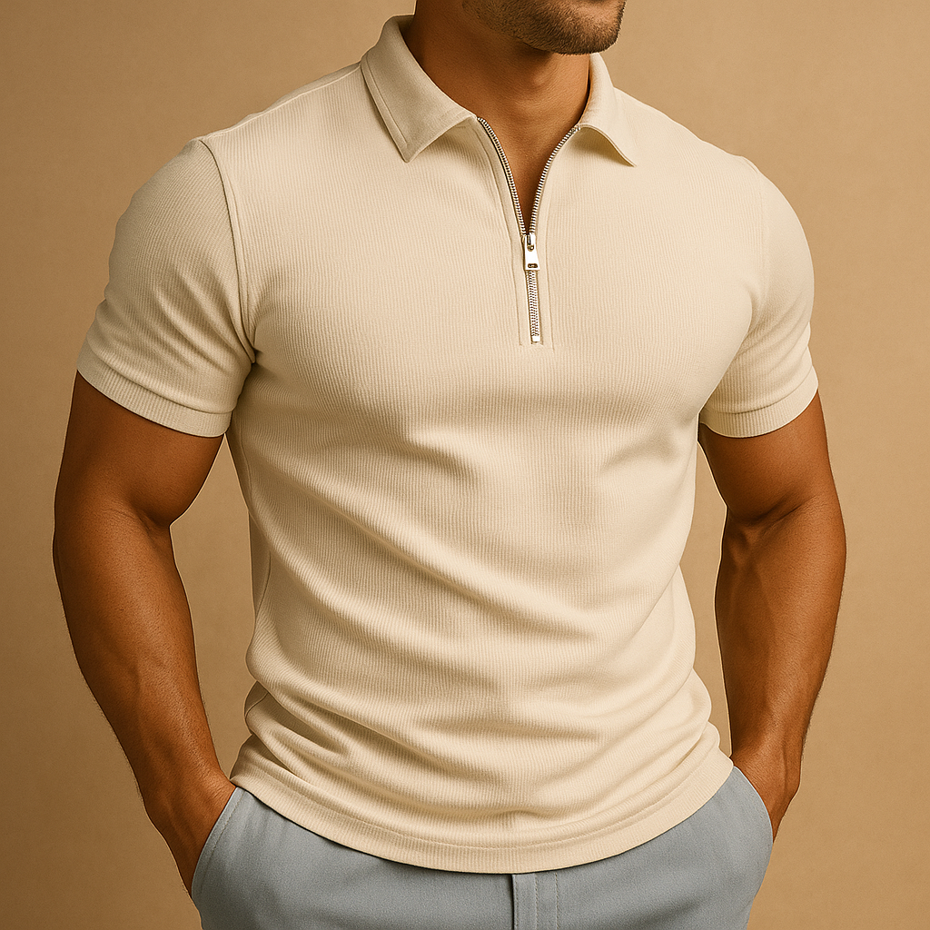 Slim-Fit Zip Poloshirt Herren Kurzarm Atmungsaktiv Polo