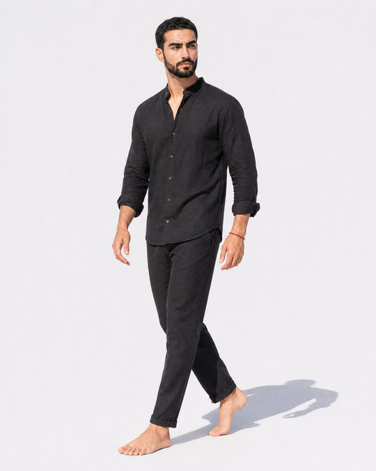 Leinen Zweiteiler Set Herren Grandad Hemd Hose Sommer
