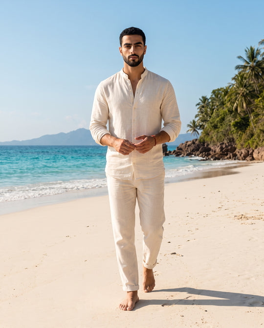 Leinen Zweiteiler Set Herren Grandad Hemd Hose Sommer