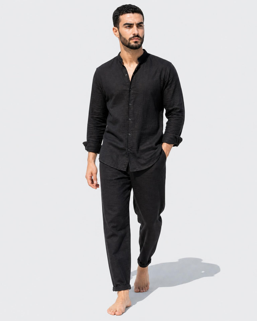 Leinen Zweiteiler Set Herren Grandad Hemd Hose Sommer