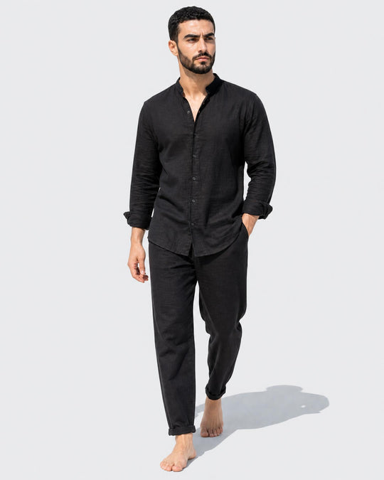 Leinen Zweiteiler Set Herren Grandad Hemd Hose Sommer