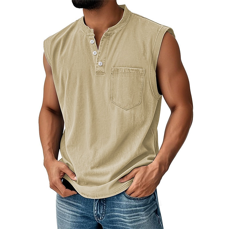 Vintage Washed Henley Tanktop Herren Baumwolle Ärmellos