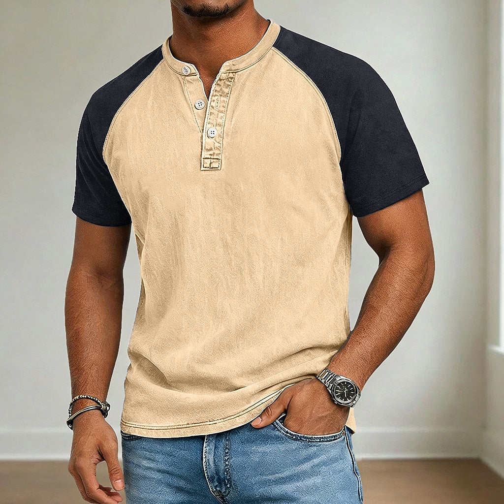 Acid Wash Henley T-Shirt Herren Baumwolle Kurzarm