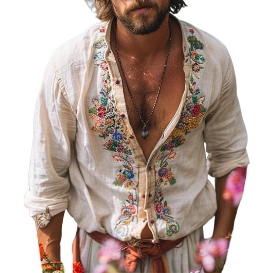 Herren Boho-Leinenhemd mit Grandad-Kragen und Stickerei