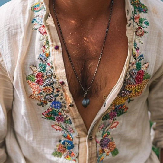 Herren Boho-Leinenhemd mit Grandad-Kragen und Stickerei