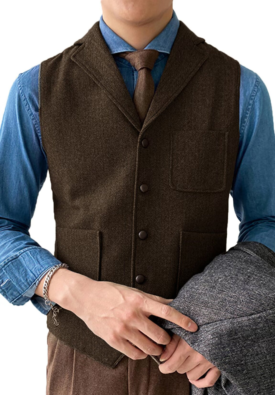 Slim-Fit Tweed Anzugweste Herren Fischgrat Business