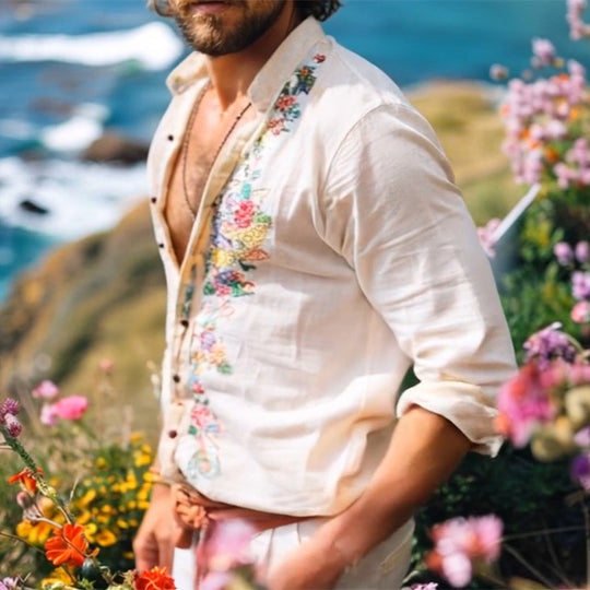 Herren Boho-Leinenhemd mit Grandad-Kragen und Stickerei