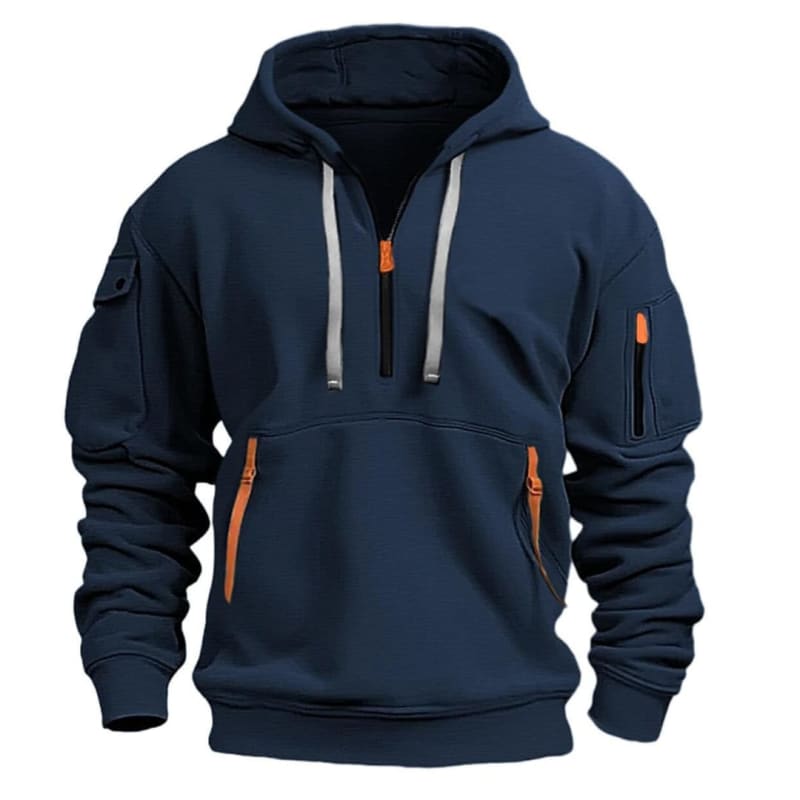 Waffelstrick Hoodie Herren Halbzip Drei Zip Taschen