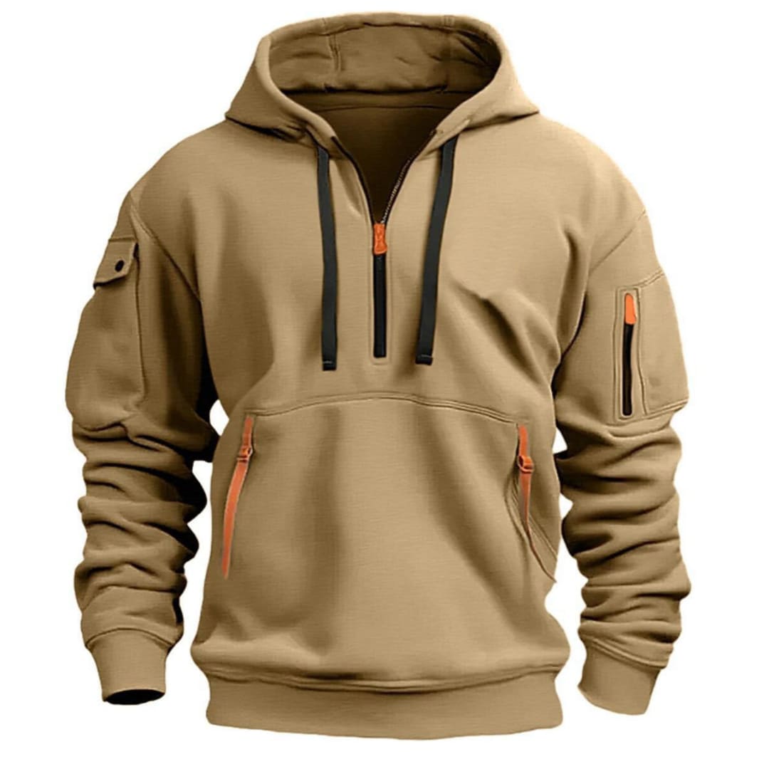 Waffelstrick Hoodie Herren Halbzip Drei Zip Taschen