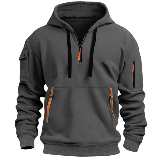 Waffelstrick Hoodie Herren Halbzip Drei Zip Taschen
