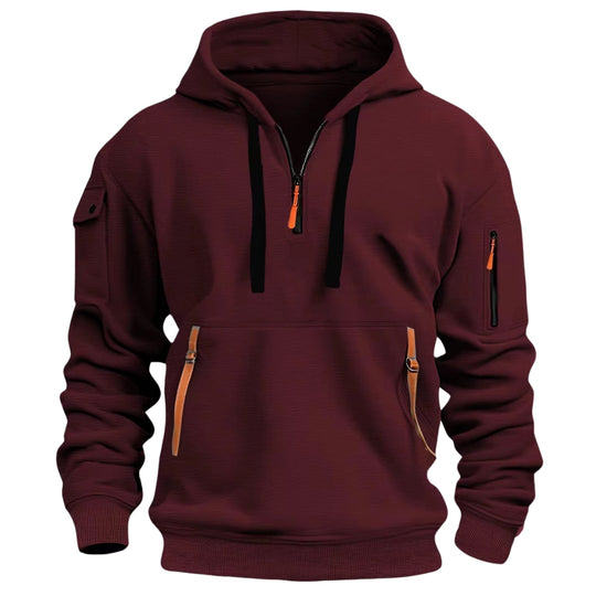 Waffelstrick Hoodie Herren Halbzip Drei Zip Taschen
