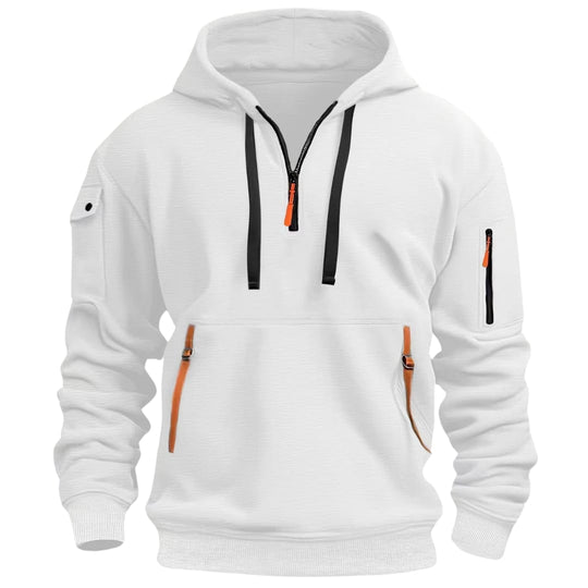 Waffelstrick Hoodie Herren Halbzip Drei Zip Taschen