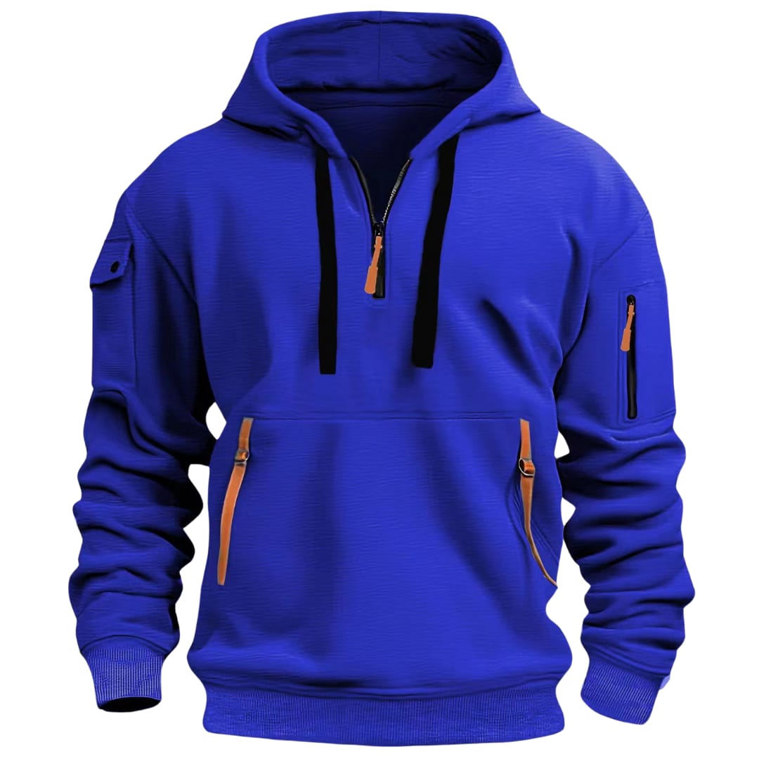 Waffelstrick Hoodie Herren Halbzip Drei Zip Taschen