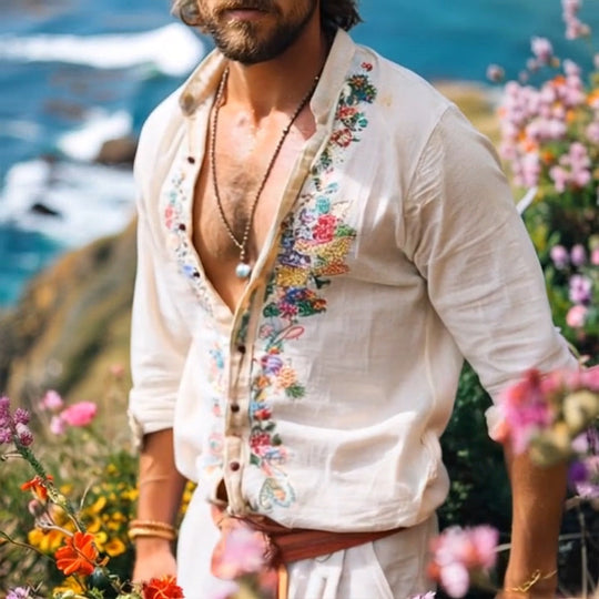 Herren Boho-Leinenhemd mit Grandad-Kragen und Stickerei