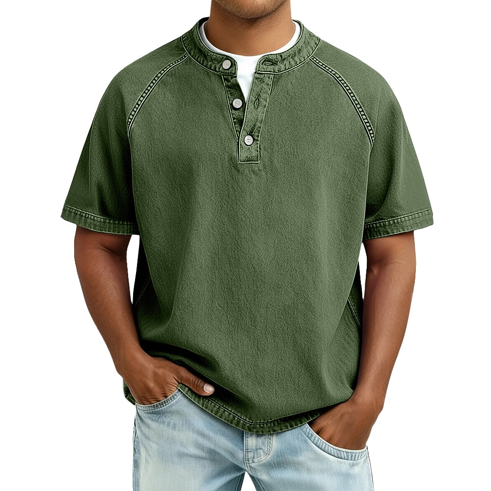 Vintage Washed Baumwoll Henley Herren Kurzarm Shirt
