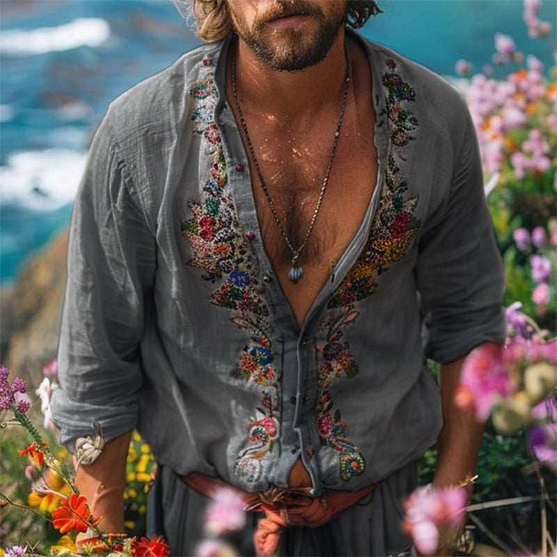 Herren Boho-Leinenhemd mit Grandad-Kragen und Stickerei