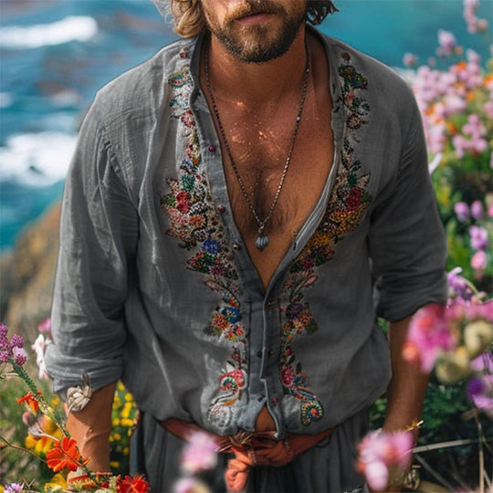Herren Boho-Leinenhemd mit Grandad-Kragen und Stickerei