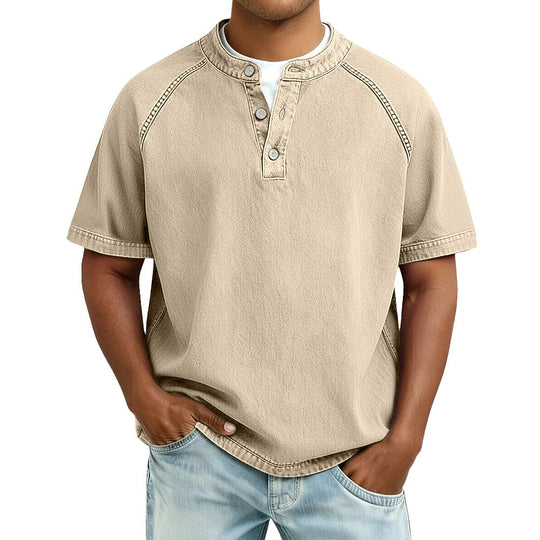 Vintage Washed Baumwoll Henley Herren Kurzarm Shirt