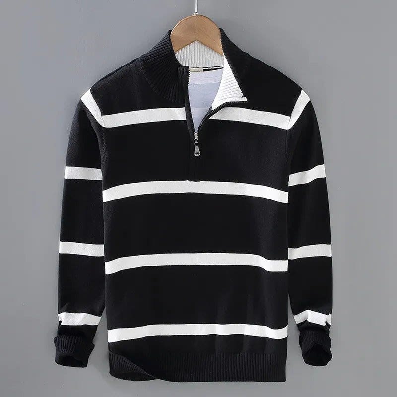 Baumwoll Pullover Herren Halbzip Breite Streifen Schmal