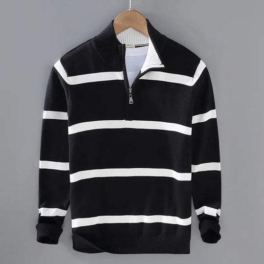 Baumwoll Pullover Herren Halbzip Breite Streifen Schmal