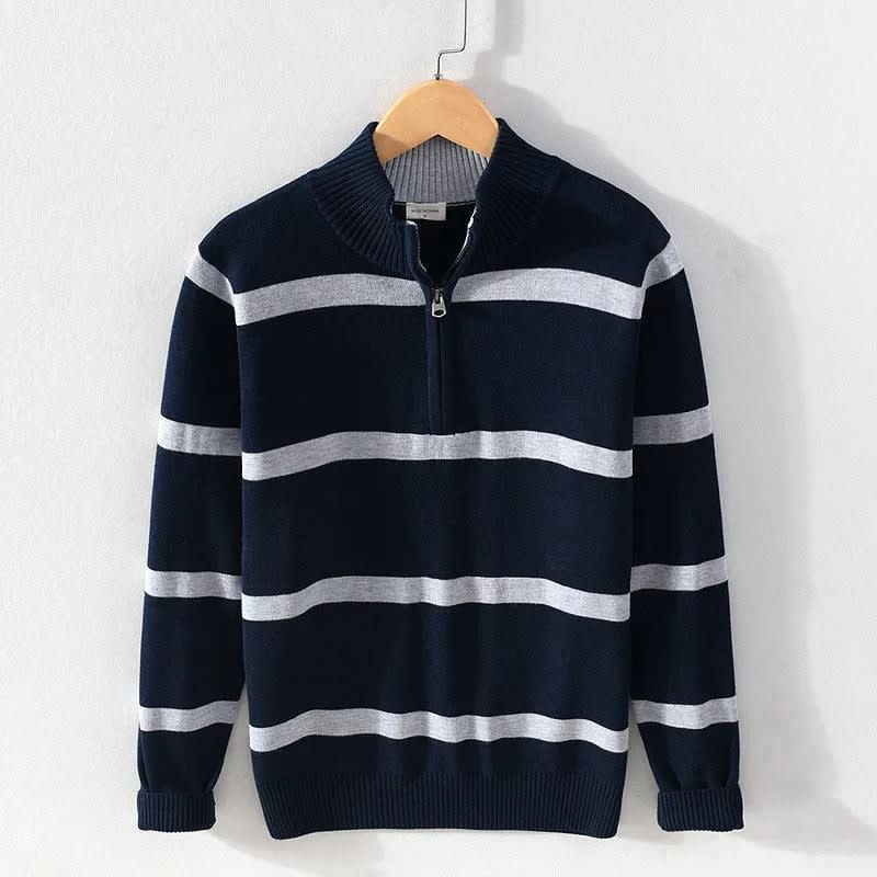 Baumwoll Pullover Herren Halbzip Breite Streifen Schmal