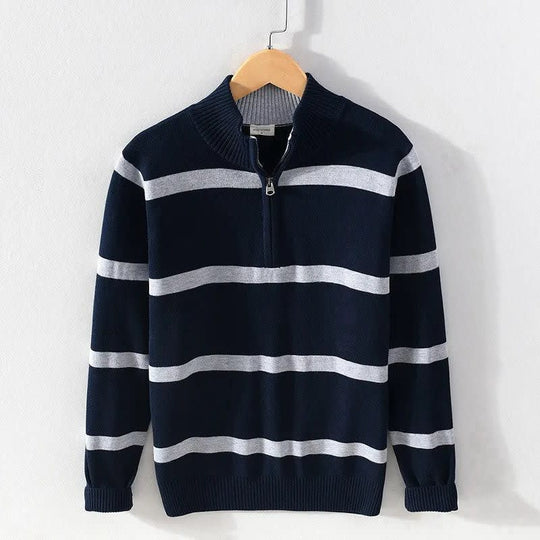 Baumwoll Pullover Herren Halbzip Breite Streifen Schmal