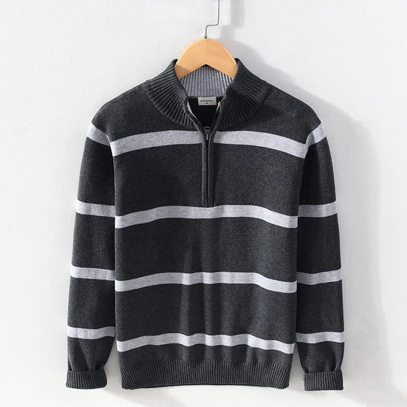 Baumwoll Pullover Herren Halbzip Breite Streifen Schmal
