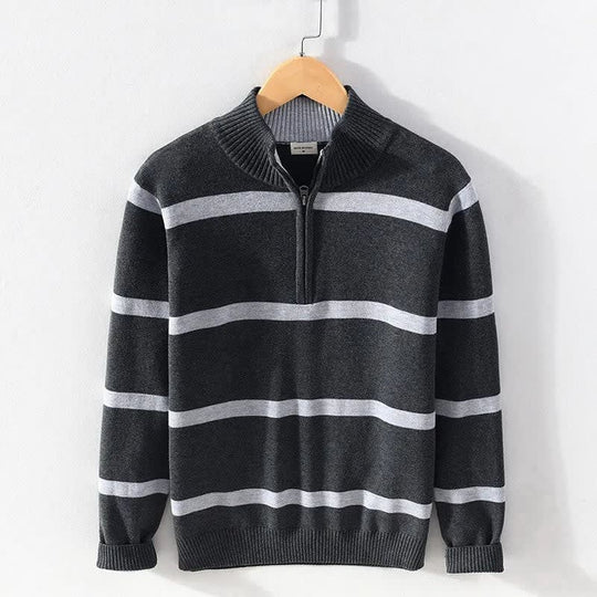 Baumwoll Pullover Herren Halbzip Breite Streifen Schmal