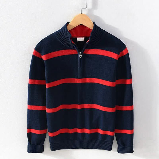 Baumwoll Pullover Herren Halbzip Breite Streifen Schmal