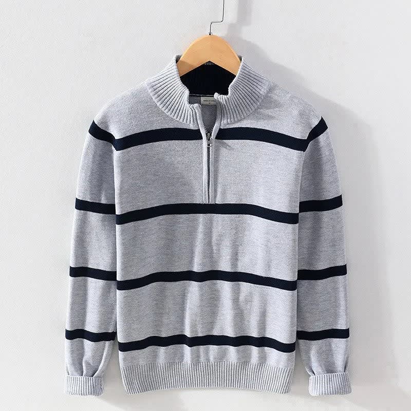 Baumwoll Pullover Herren Halbzip Breite Streifen Schmal