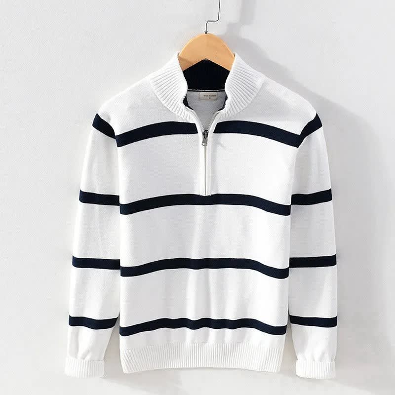 Baumwoll Pullover Herren Halbzip Breite Streifen Schmal