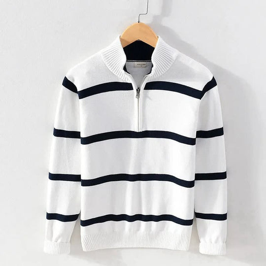 Baumwoll Pullover Herren Halbzip Breite Streifen Schmal