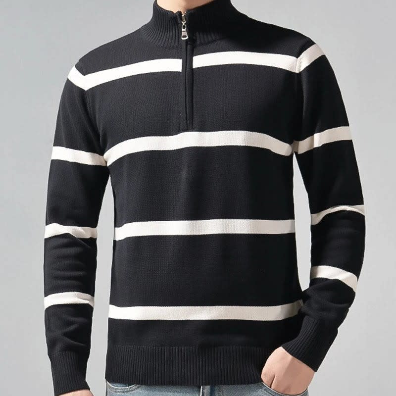 Baumwoll Pullover Herren Halbzip Breite Streifen Schmal