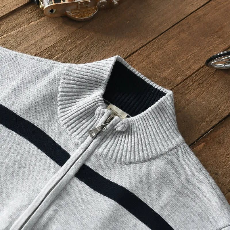 Baumwoll Pullover Herren Halbzip Breite Streifen Schmal