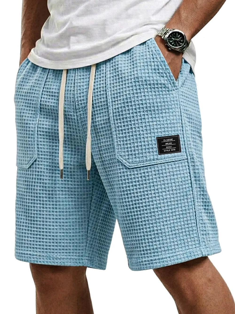 Waffel Strick Shorts Herren Sommer Strand Taschen Hose