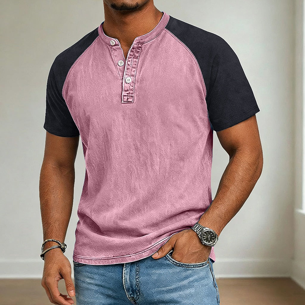 Acid Wash Henley T-Shirt Herren Baumwolle Kurzarm