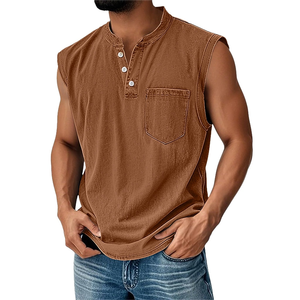Vintage Washed Henley Tanktop Herren Baumwolle Ärmellos