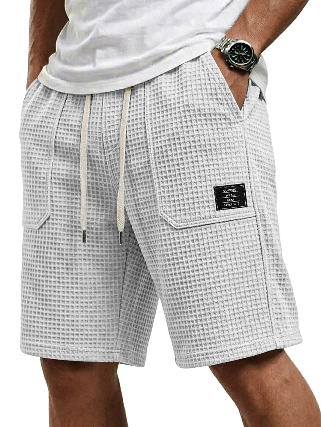 Waffel Strick Shorts Herren Sommer Strand Taschen Hose