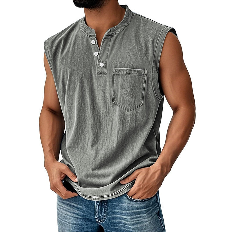 Vintage Washed Henley Tanktop Herren Baumwolle Ärmellos